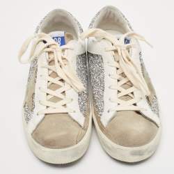 Pre Owned Golden Goose White/Grey Suede and Leather Superstar Sneakers Size 36