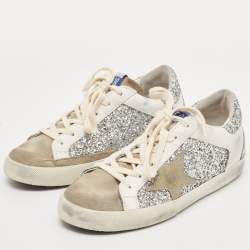 Pre Owned Golden Goose White/Grey Suede and Leather Superstar Sneakers Size 36