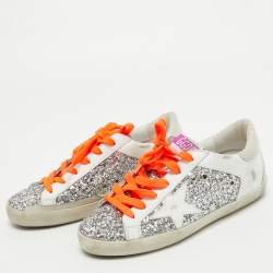 Pre Owned Golden Goose Silver/White Leather and Glitter Super Star Low Top Sneakers Size 36