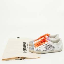Pre Owned Golden Goose Silver/White Leather and Glitter Super Star Low Top Sneakers Size 36