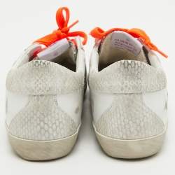 Pre Owned Golden Goose Silver/White Leather and Glitter Super Star Low Top Sneakers Size 36