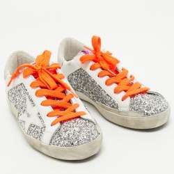 Pre Owned Golden Goose Silver/White Leather and Glitter Super Star Low Top Sneakers Size 36