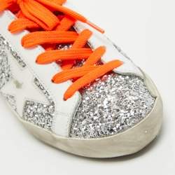 Pre Owned Golden Goose Silver/White Leather and Glitter Super Star Low Top Sneakers Size 36