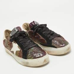 Pre Owned Golden Goose Purple Leather and Suede Sequin May Sneakers Size 39