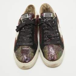 Pre Owned Golden Goose Purple Leather and Suede Sequin May Sneakers Size 39