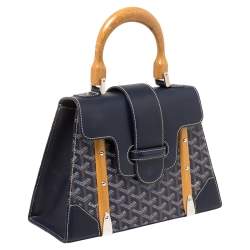 Pre Owned Goyard Navy Blue Goyardine Coated Canvas and Leather PM Saigon Top Handle Bag