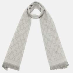 Gucci Grey GG Jacquard Wool Fringe Scarf