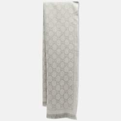 Gucci Grey GG Jacquard Wool Fringe Scarf