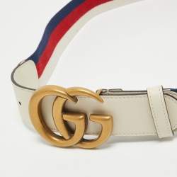 Gucci White Web Canvas and Leather GG Marmont Buckle Belt 90CM