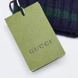 Gucci Navy Blue/Green GG Cashmere Knit Gloves L