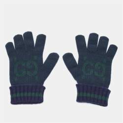 Gucci Navy Blue/Green GG Cashmere Knit Gloves L