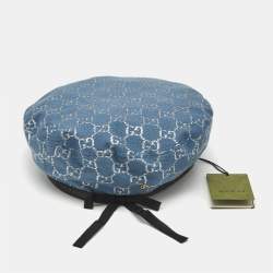 Gucci Blue GG Lamé Leather Trim Beret Cap M