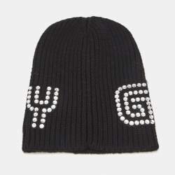 Gucci Black Crystal Guccy Detail Rib Knit Beanie M