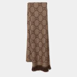 Gucci Brown GG Jacquard Wool Frayed Edge Scarf 