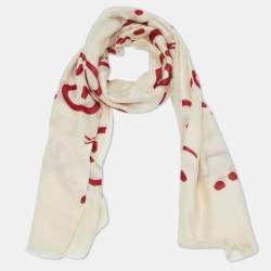 Pre Owned Gucci Cream & Red GG Ghost Print Modal & Silk Blend Scarf 