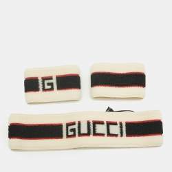 Pre Owned Gucci Beige Logo Stripe Sports Headband & Wristbands Set S