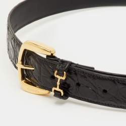 مملوكة مسبقًا حزام غوتشي إبزيم جلد منقوش بتأثير جلد التمساح أسود 85 سم