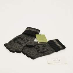 Pre Owned قفازات غوتشي بدون أصابع رمادي/أسود GG كشمير مقاس متوسط - ميديم