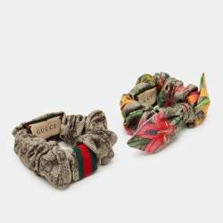 Pre Owned رباط شعر غوتشي من الحرير بنقشة GG باللون البيج/إيبوني مجموعة من 2