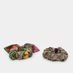 Pre Owned رباط شعر غوتشي من الحرير بنقشة GG باللون البيج/إيبوني مجموعة من 2