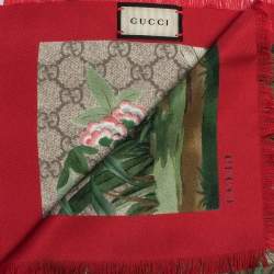 Pre Owned Gucci Red & Beige Tian Silk Square Scarf