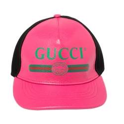 Pre Owned Gucci Pink/Black Leather and Nylon Logo Baseball Cap S