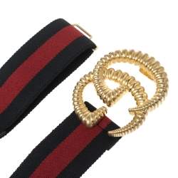 Pre Owned Gucci Navy Blue/Red Web Elastic Torchon Double G Buckle Belt 75CM