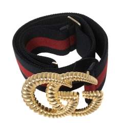 Pre Owned Gucci Navy Blue/Red Web Elastic Torchon Double G Buckle Belt 75CM