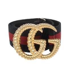 Pre Owned Gucci Navy Blue/Red Web Elastic Torchon Double G Buckle Belt 75CM