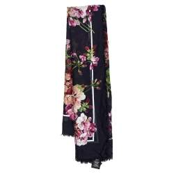 مملوكة مسبقًا Gucci Navy Blue Floral Printed Modal & Silk Square Scarf
