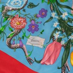 Pre Owned Gucci Blue Flora Snake Print Silk Scarf