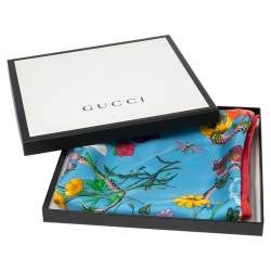 Pre Owned Gucci Blue Flora Snake Print Silk Scarf