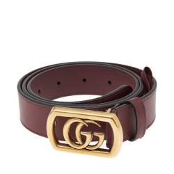 Pre Owned Gucci Maroon Leather Framed Double G Buckle Belt 85CM