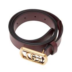 Pre Owned Gucci Maroon Leather Framed Double G Buckle Belt 85CM
