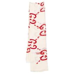 Pre Owned Gucci Cream GG Logo Printed Modal Fringed Square Scarf