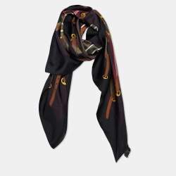 Pre Owned Gucci Black Equestrian Print Silk Scarf