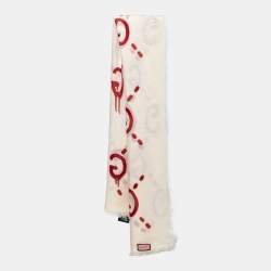 Pre Owned Gucci Cream and Red GG Ghost Print Modal & Silk Blend Scarf 