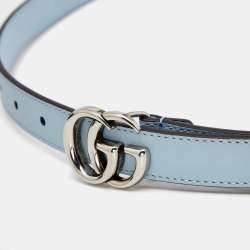 Pre Owned Gucci Blue Leather GG Marmont Buckle Slim Belt 95 CM