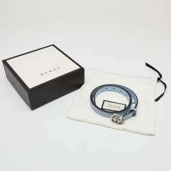 Pre Owned Gucci Blue Leather GG Marmont Buckle Slim Belt 95 CM