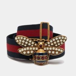 مملوكة مسبقًا Gucci Navy Blue/Red Web Sylvie Queen Margaret Bee Buckle Belt 85CM