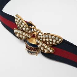 مملوكة مسبقًا Gucci Navy Blue/Red Web Sylvie Queen Margaret Bee Buckle Belt 85CM
