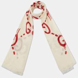 Pre Owned Gucci Cream and Red GG Ghost Writers Print Modal & Silk Blend Scarf