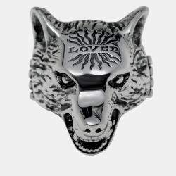 Pre Owned Gucci Anger Forest Sterling Silver Wolf Head Statement Ring Sz. 6.5