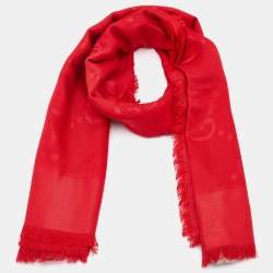 Gucci Red Logo Jacquard Silk & Wool Scarf