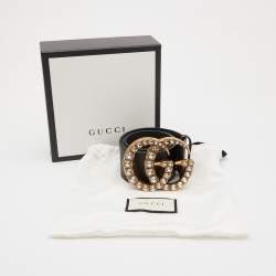 Pre Owned Gucci Black Leather GG Crystals Wide Belt 75CM