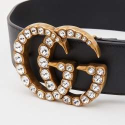 Pre Owned Gucci Black Leather GG Crystals Wide Belt 75CM