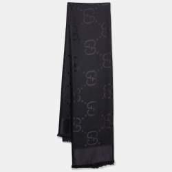 Pre Owned Gucci Black Logo Jacquard Silk & Wool Shawl