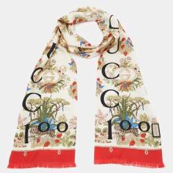 Pre Owned Gucci 100 Cream/Red year of Tiger Printed Silk Stole