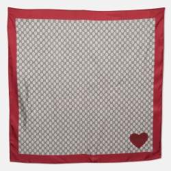 Gucci Red & Beige Monogram Printed Silk Square Scarf