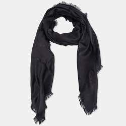 Pre Owned Gucci Black Logo Jacquard Wool & Silk Shawl